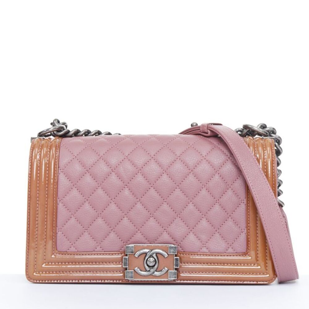Chanel Duo Boy Flap Pink Leather Beige Patent Shoulder Bag